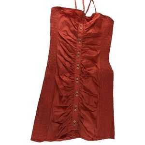 Free People Hold On Mini Dress Red‎ Rust Size L Smocked Ruched Button Front NWT